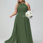 Vestido maxi de chiffon con cuello halter y falda circular Verde Oliva Tallas Grandes
