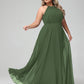 Vestido maxi de chiffon con cuello halter y falda circular Verde Oliva Tallas Grandes