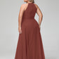 Vestido maxi de chiffon con cuello halter y falda circular Terracota Tallas Grandes