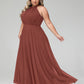 Vestido maxi de chiffon con cuello halter y falda circular Terracota Tallas Grandes