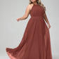 Vestido maxi de chiffon con cuello halter y falda circular Terracota Tallas Grandes