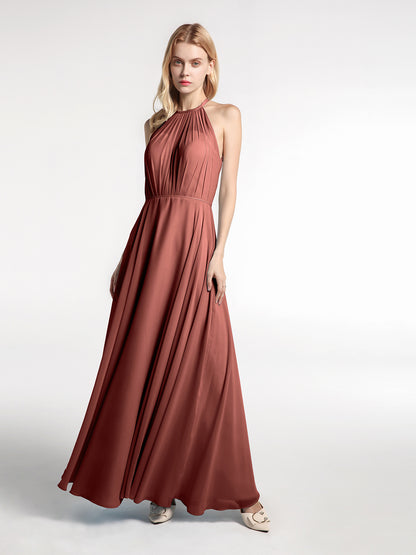 Vestido maxi de chiffon con cuello halter y falda circular Terracota