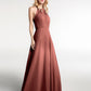 Vestido maxi de chiffon con cuello halter y falda circular Terracota