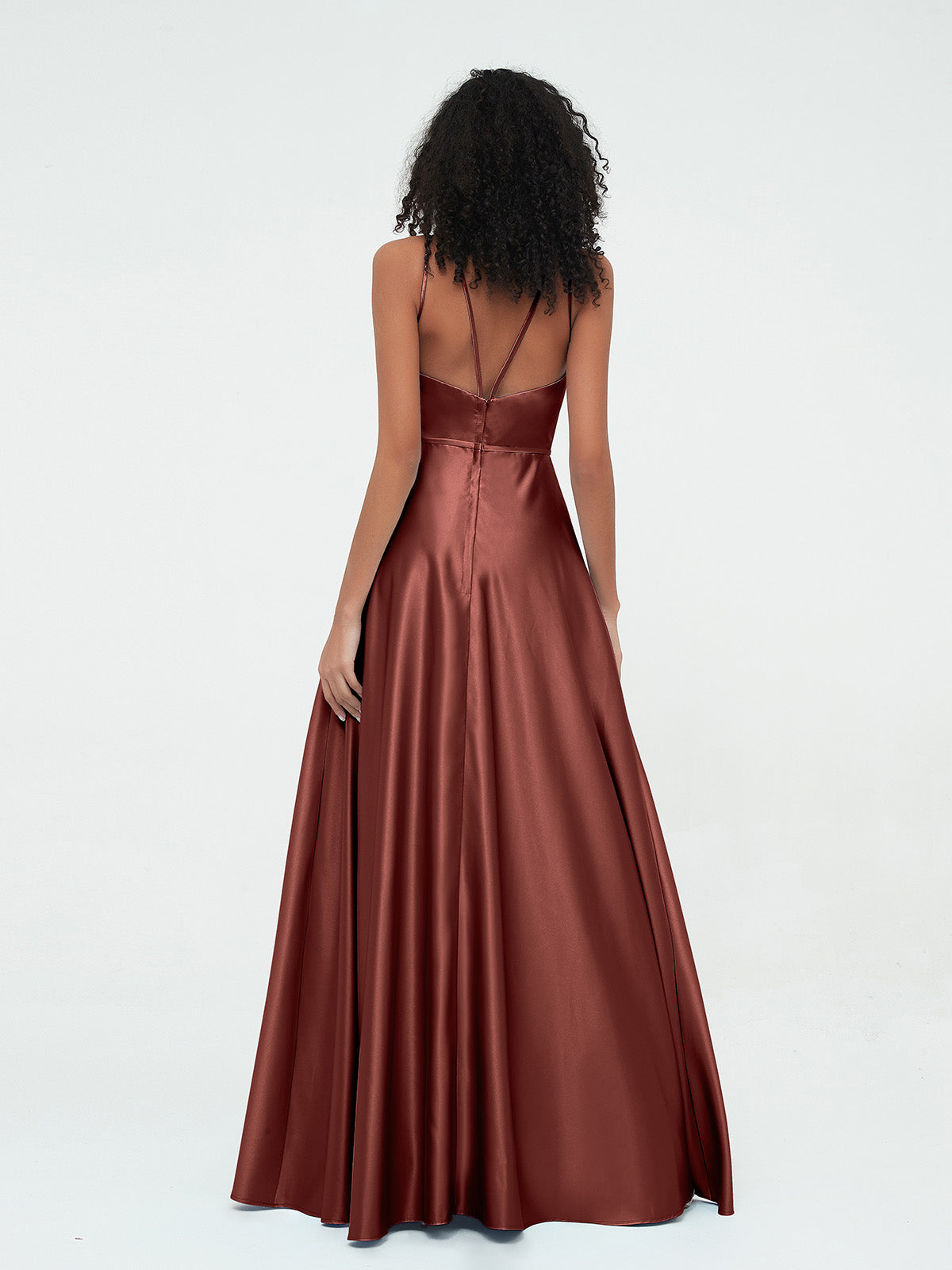Vestidos máximos de satén estilo A-line con cuello halter y bolsillos Terracota