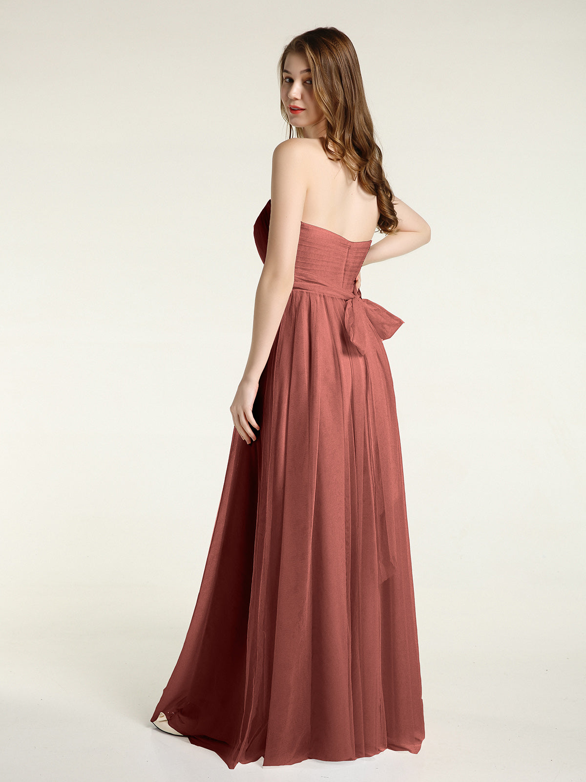 Vestidos de tul sin tirantes con escote en corazón y lazo Terracota