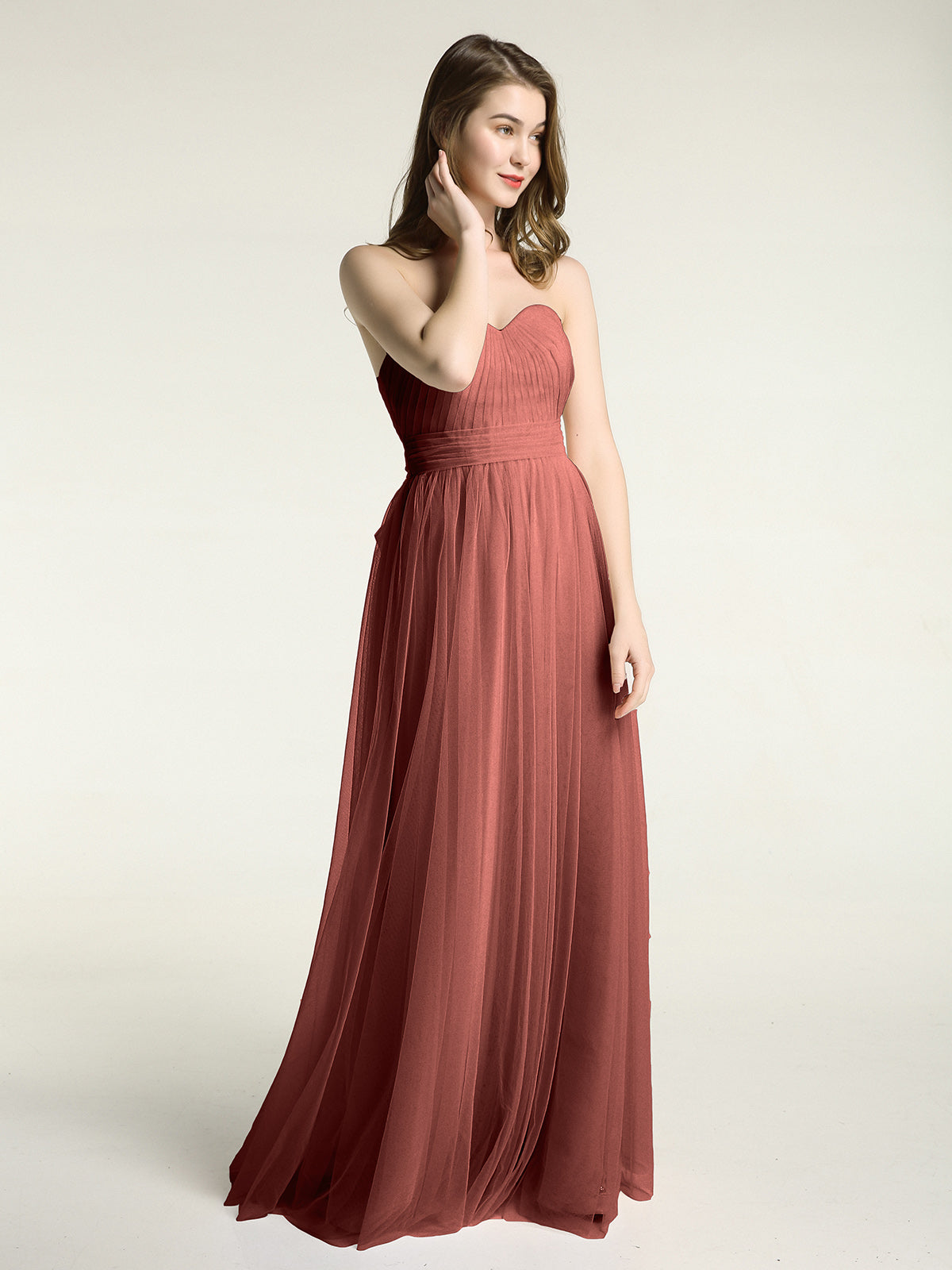 Vestidos de tul sin tirantes con escote en corazón y lazo Terracota