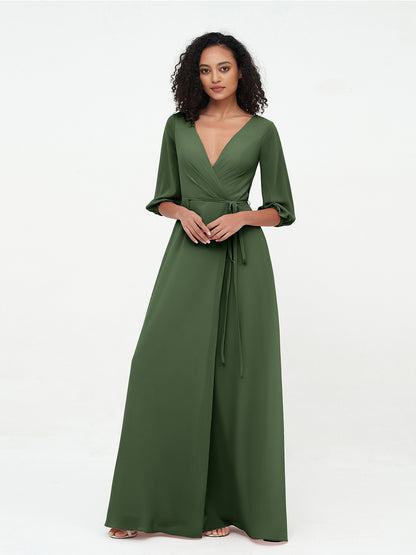 Vestidos máximos de chiffon con escote en V profundo y mangas 1/2 Verde Oliva