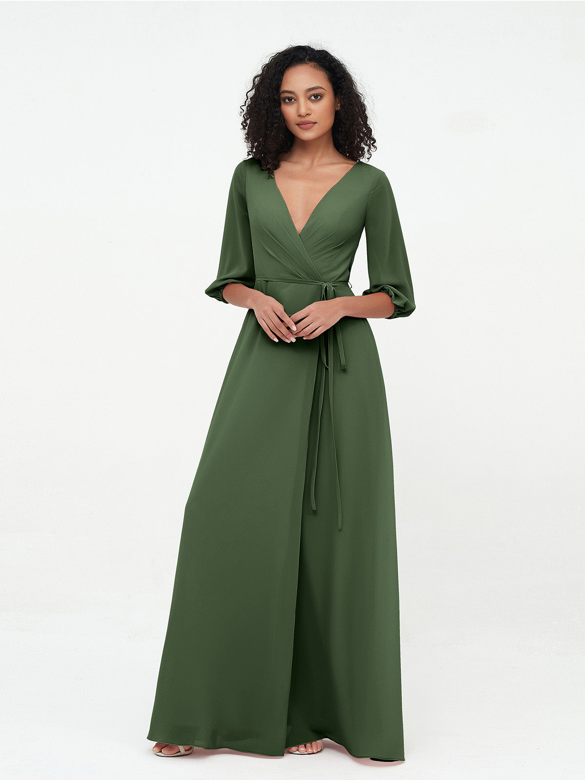 Vestidos máximos de chiffon con escote en V profundo y mangas 1/2 Verde Oliva Tallas Grandes