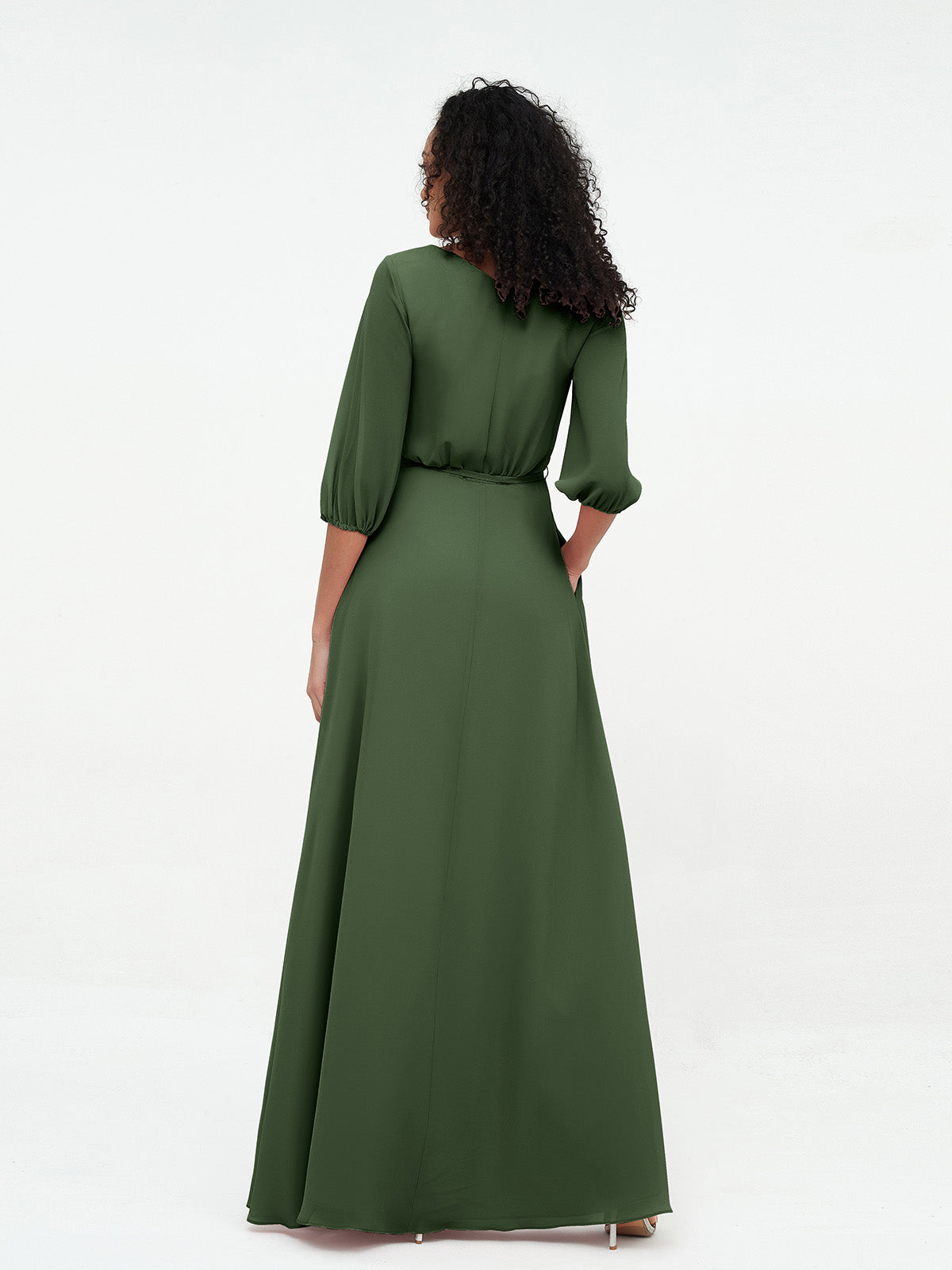 Vestidos máximos de chiffon con escote en V profundo y mangas 1/2 Verde Oliva Tallas Grandes