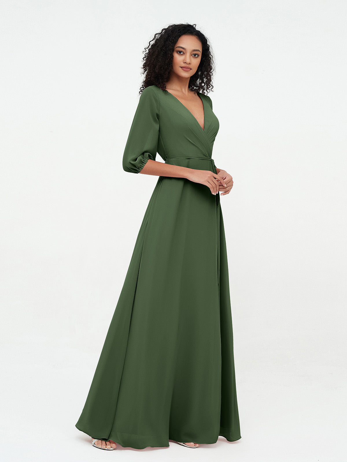 Vestidos máximos de chiffon con escote en V profundo y mangas 1/2 Verde Oliva Tallas Grandes