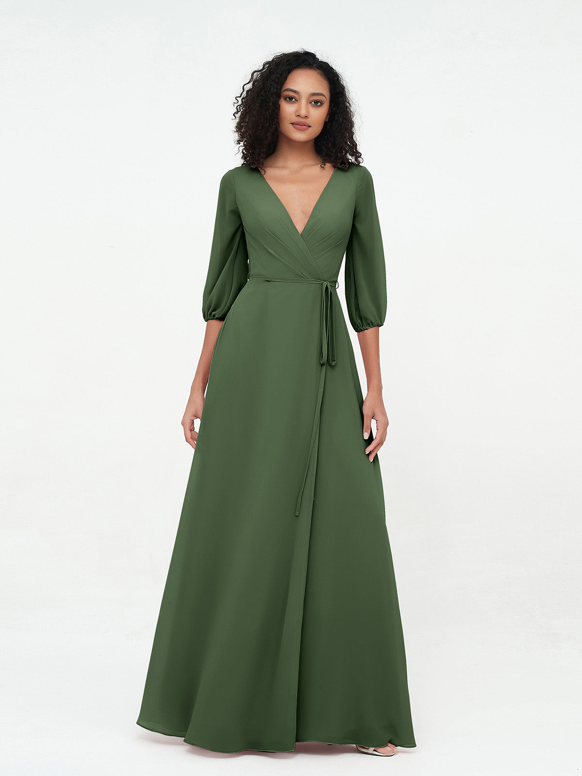 Vestidos máximos de chiffon con escote en V profundo y mangas 1/2 Verde Oliva Tallas Grandes
