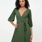 Vestidos máximos de chiffon con escote en V profundo y mangas 1/2 Verde Oliva Tallas Grandes