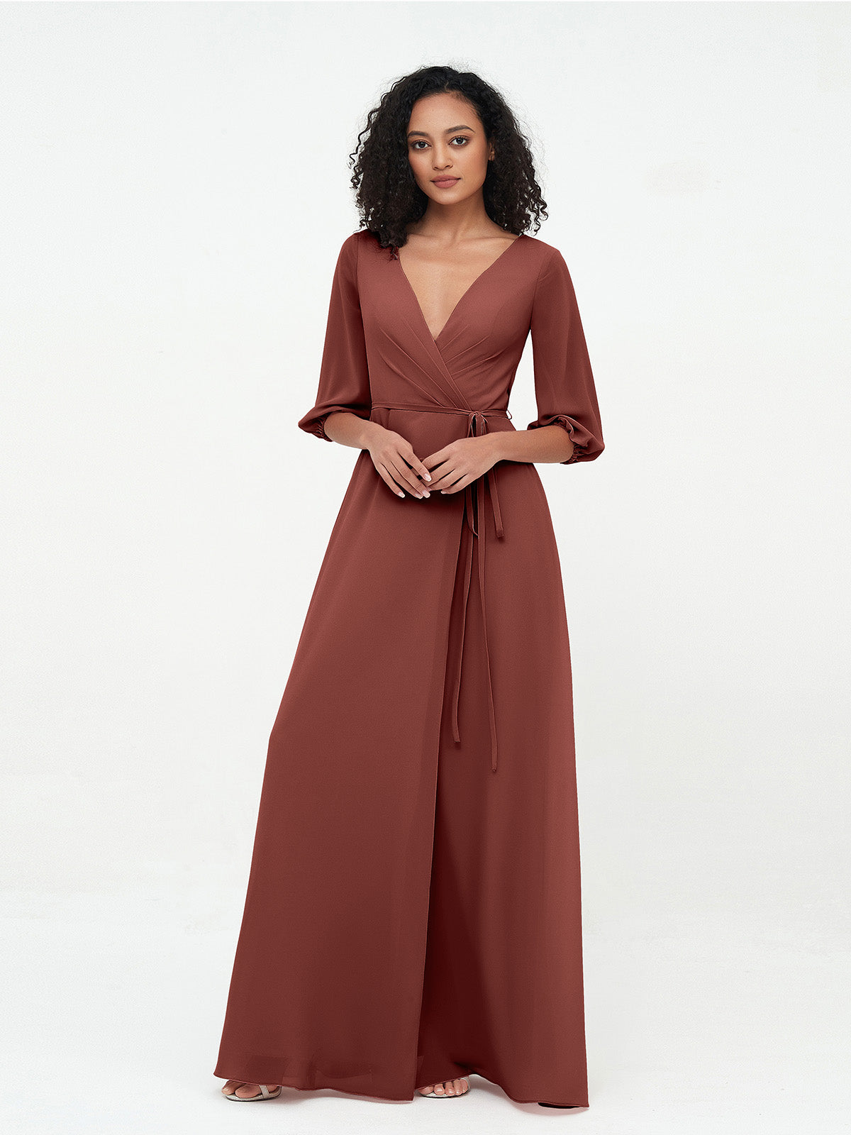 Vestidos máximos de chiffon con escote en V profundo y mangas 1/2 Terracota