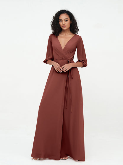 Vestidos máximos de chiffon con escote en V profundo y mangas 1/2 Terracota Tallas Grandes