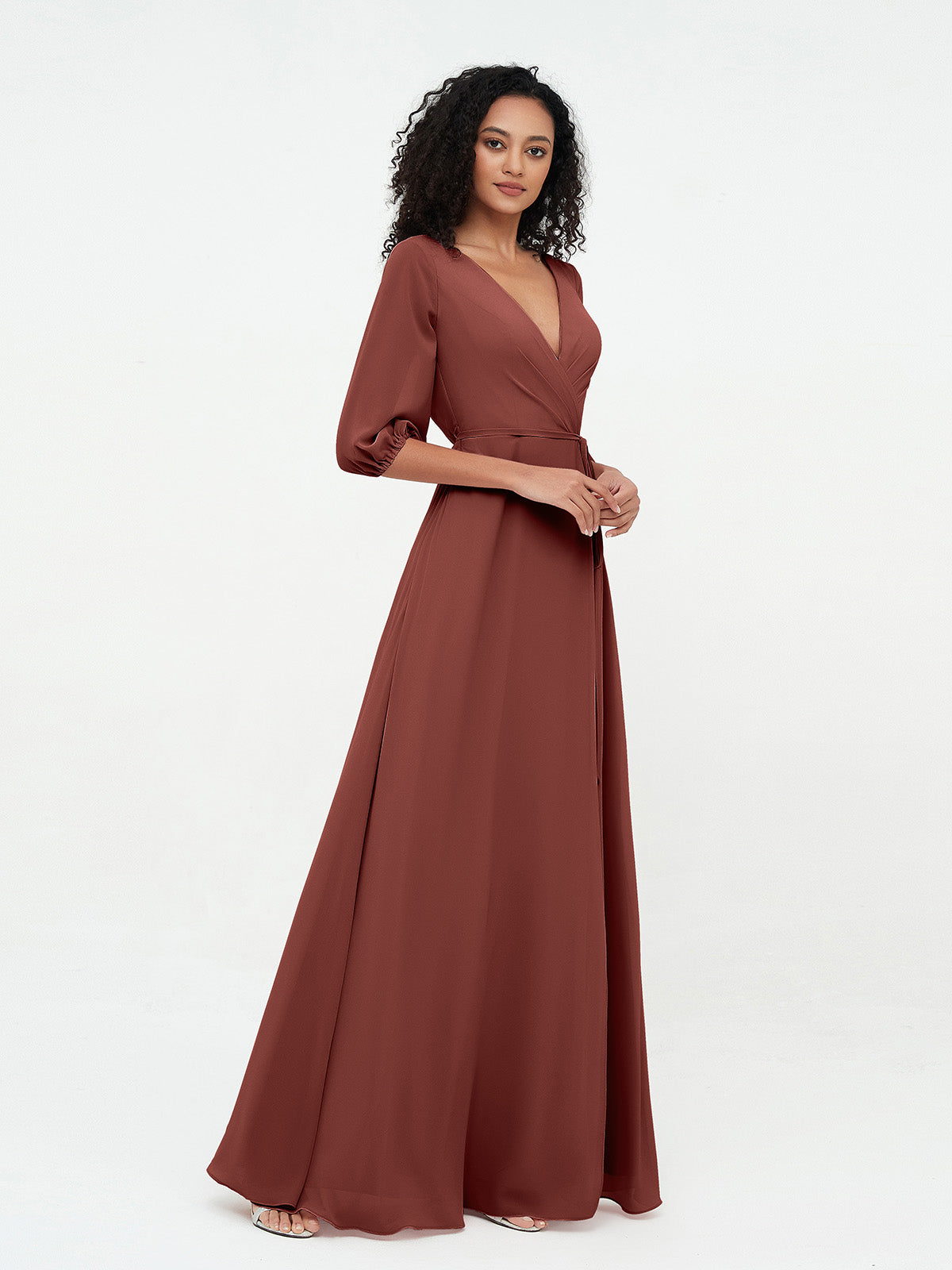 Vestidos máximos de chiffon con escote en V profundo y mangas 1/2 Terracota Tallas Grandes