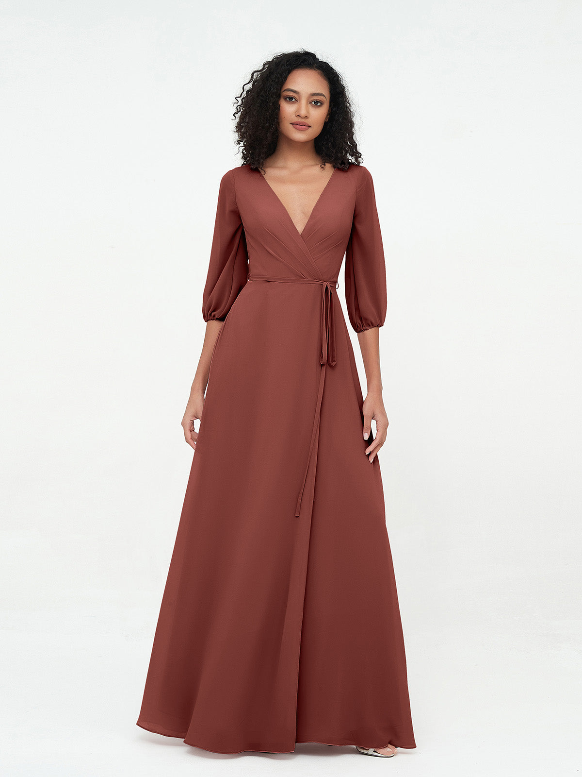 Vestidos máximos de chiffon con escote en V profundo y mangas 1/2 Terracota Tallas Grandes