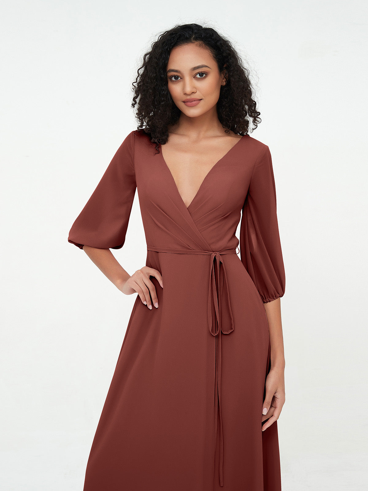 Vestidos máximos de chiffon con escote en V profundo y mangas 1/2 Terracota