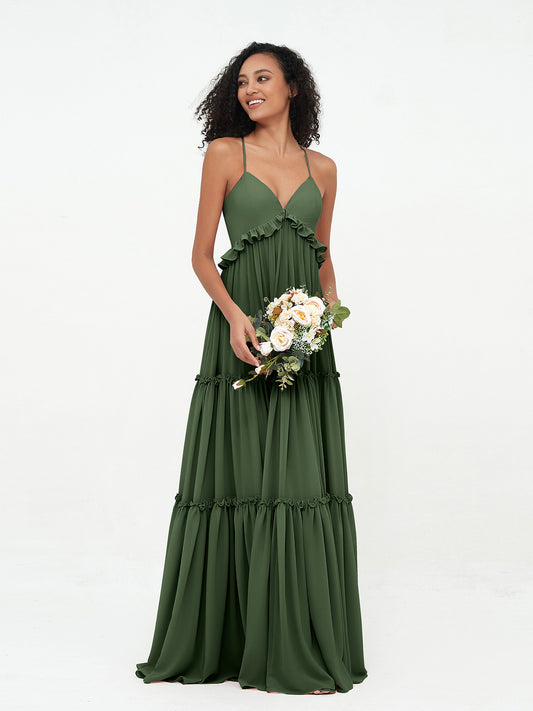 Vestidos máximos bohemios de chiffon con falda escalonada estilo Empire Verde Oliva