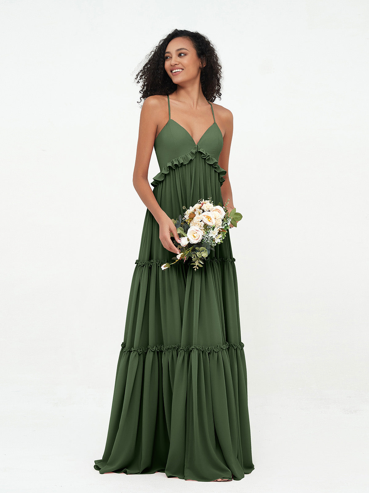 Vestidos máximos bohemios de chiffon con falda escalonada estilo Empire Verde Oliva Tallas Grandes