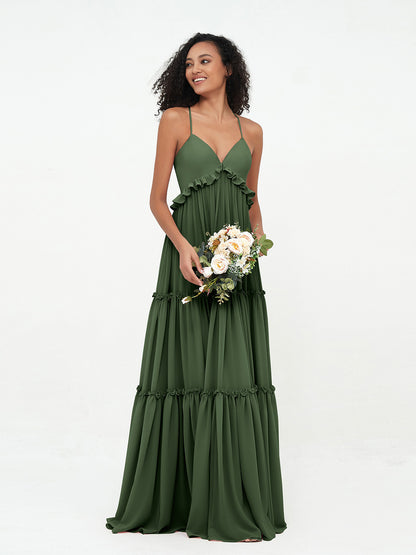 Vestidos máximos bohemios de chiffon con falda escalonada estilo Empire Verde Oliva Tallas Grandes