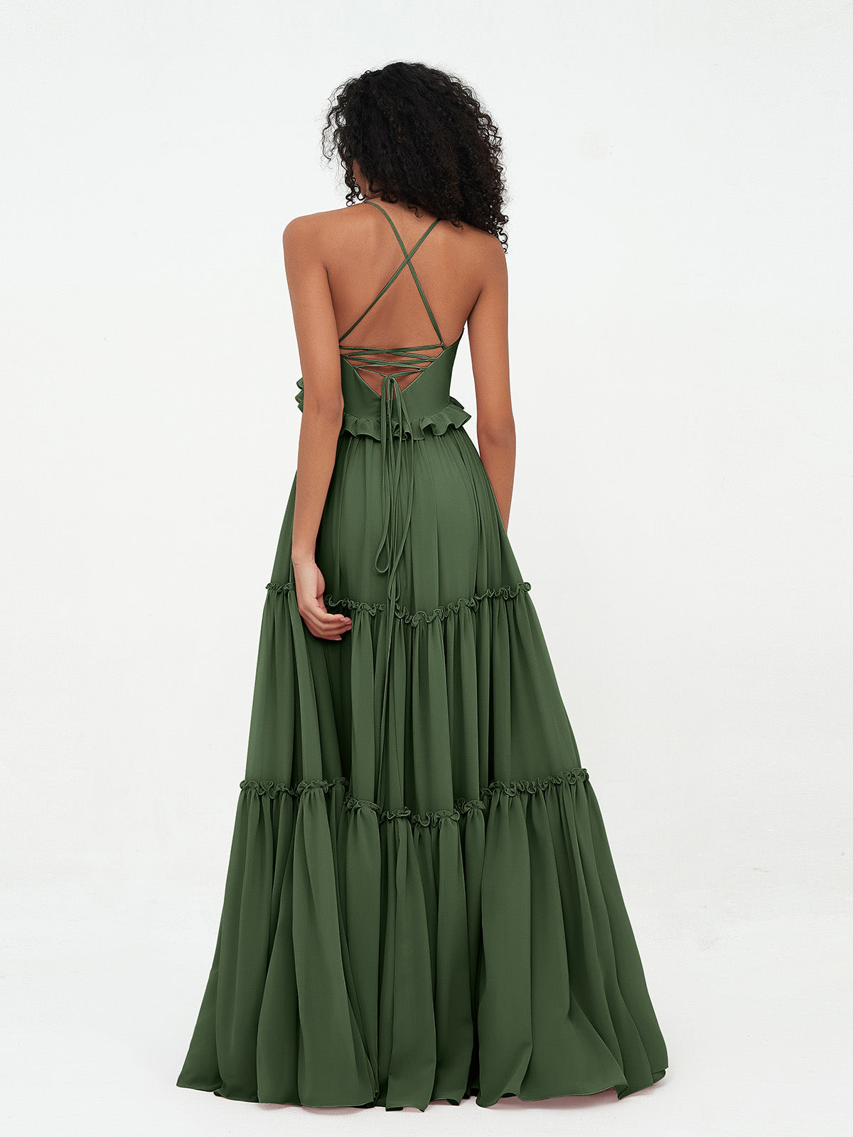 Vestidos máximos bohemios de chiffon con falda escalonada estilo Empire Verde Oliva Tallas Grandes