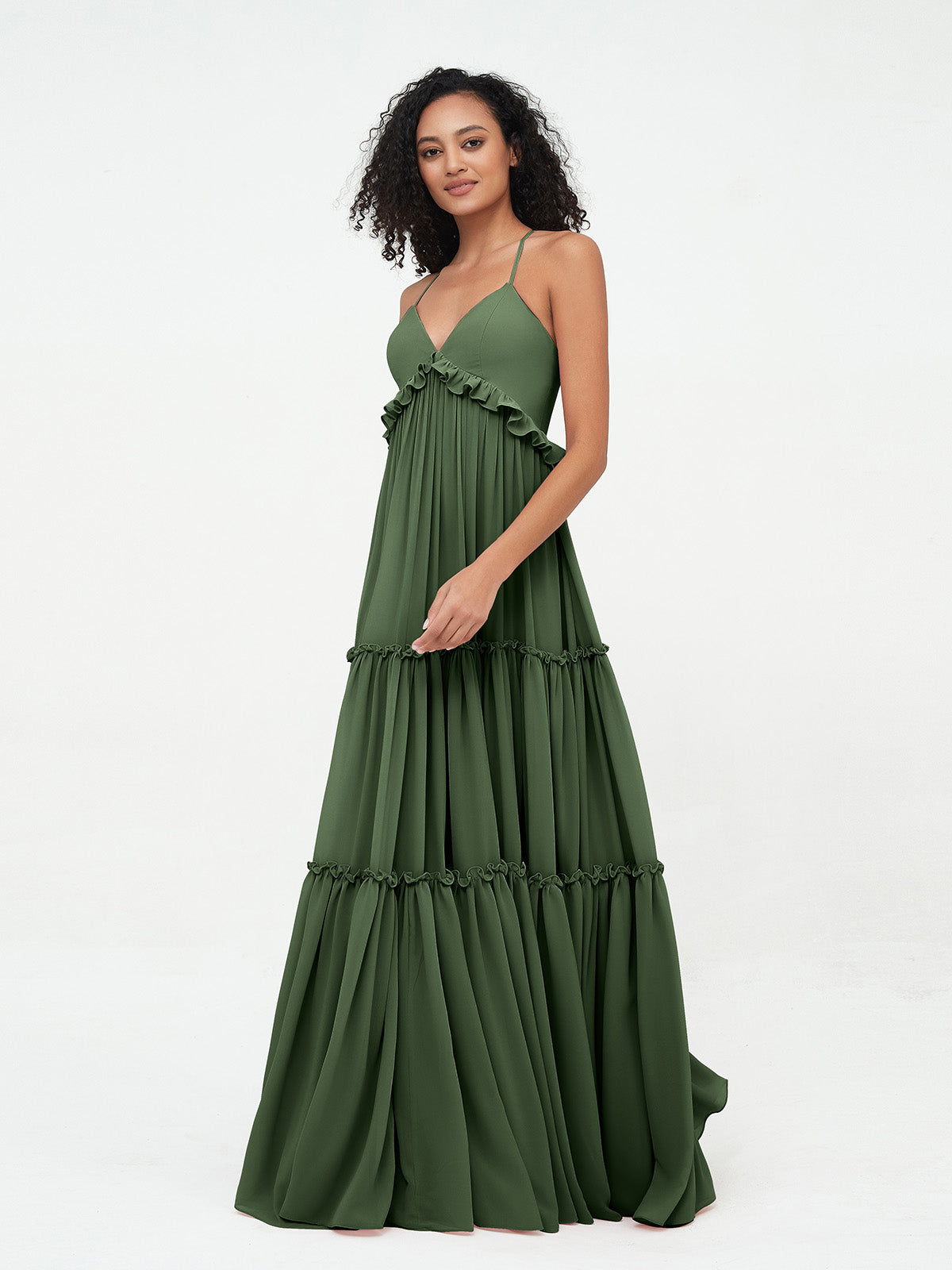 Vestidos máximos bohemios de chiffon con falda escalonada estilo Empire Verde Oliva Tallas Grandes