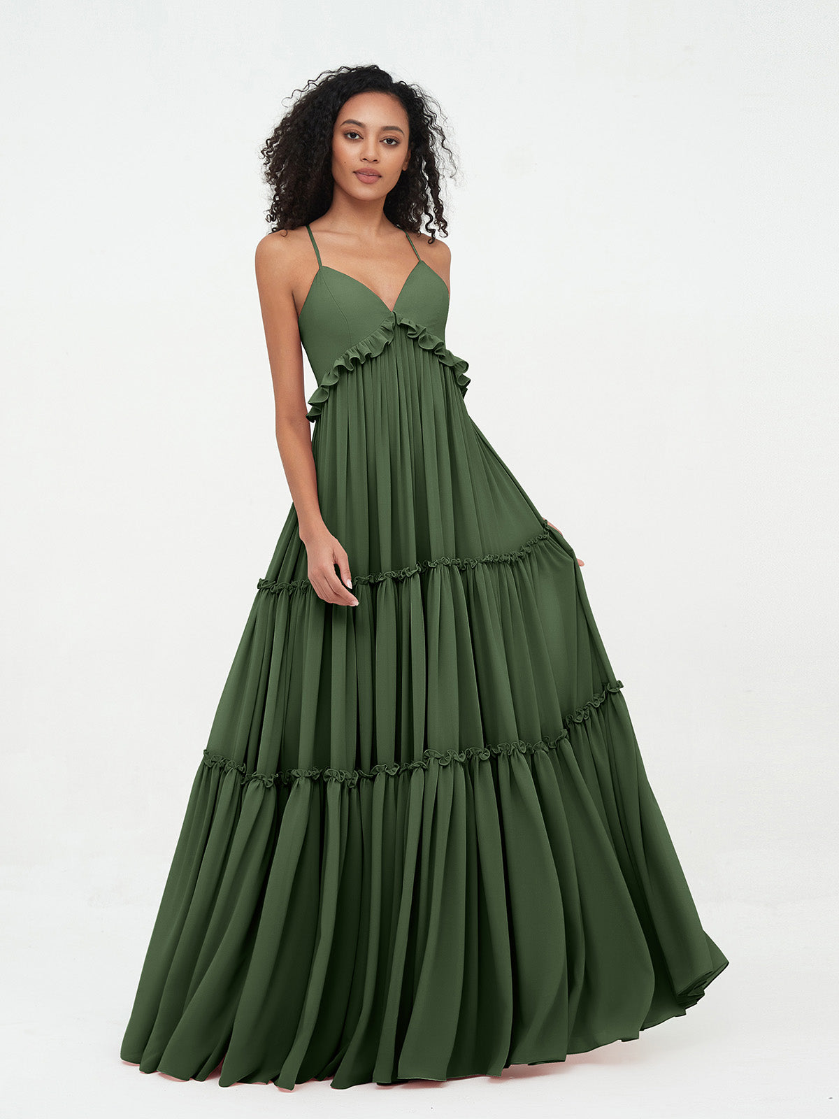Vestidos máximos bohemios de chiffon con falda escalonada estilo Empire Verde Oliva Tallas Grandes