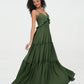 Vestidos máximos bohemios de chiffon con falda escalonada estilo Empire Verde Oliva Tallas Grandes