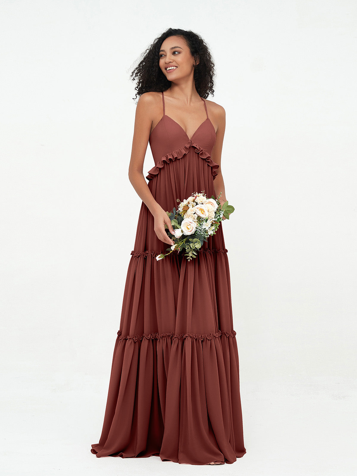 Vestidos máximos bohemios de chiffon con falda escalonada estilo Empire Terracota