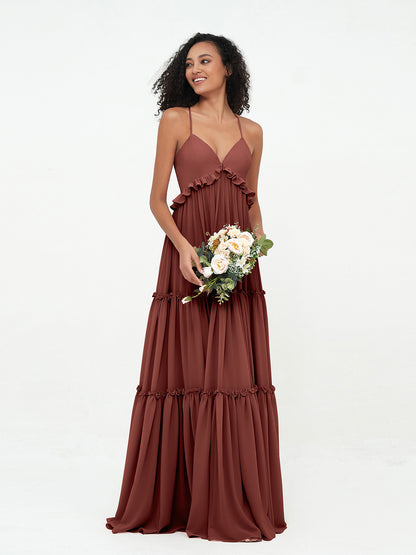 Vestidos máximos bohemios de chiffon con falda escalonada estilo Empire Terracota