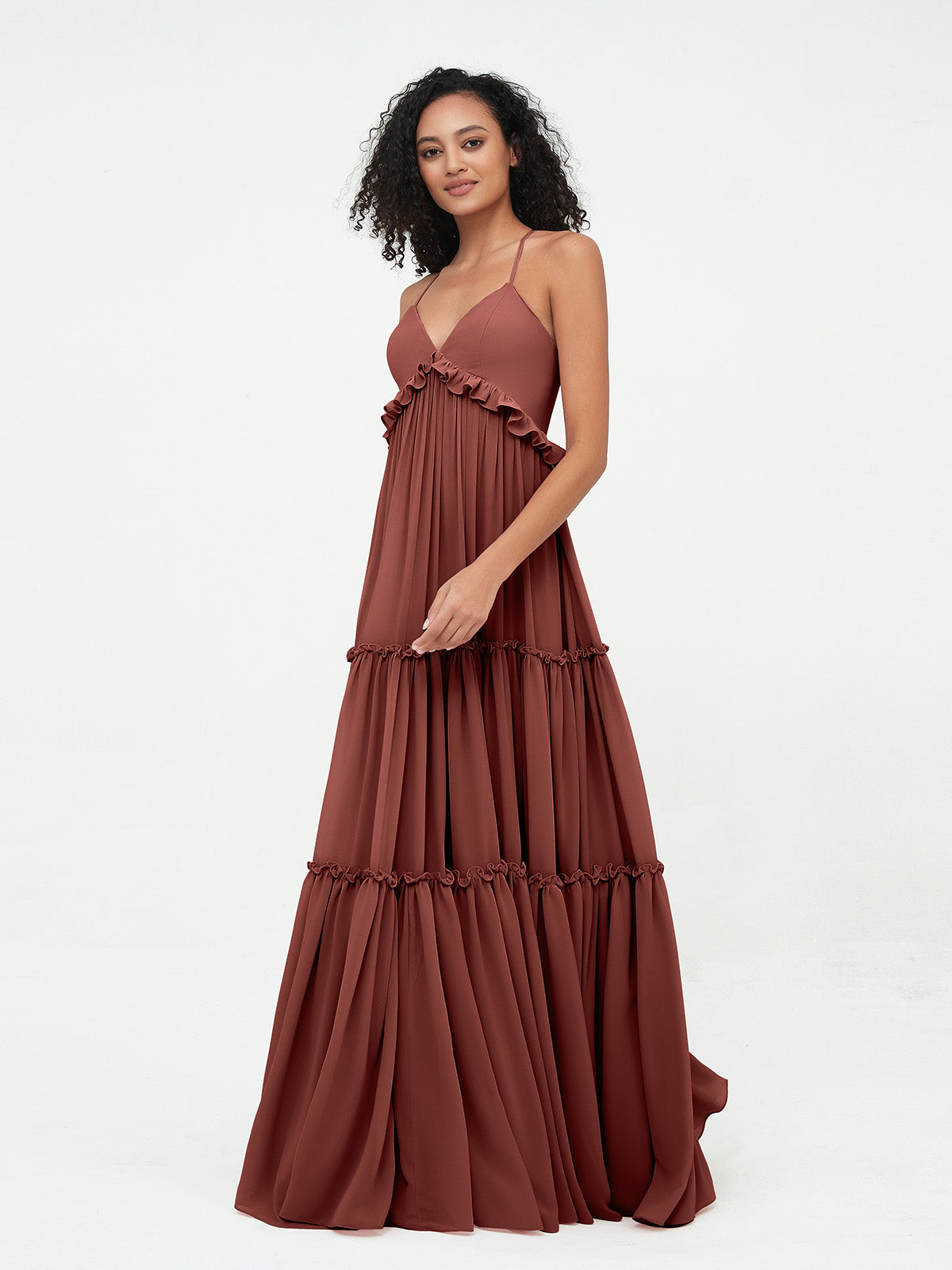 Vestidos máximos bohemios de chiffon con falda escalonada estilo Empire Terracota Tallas Grandes