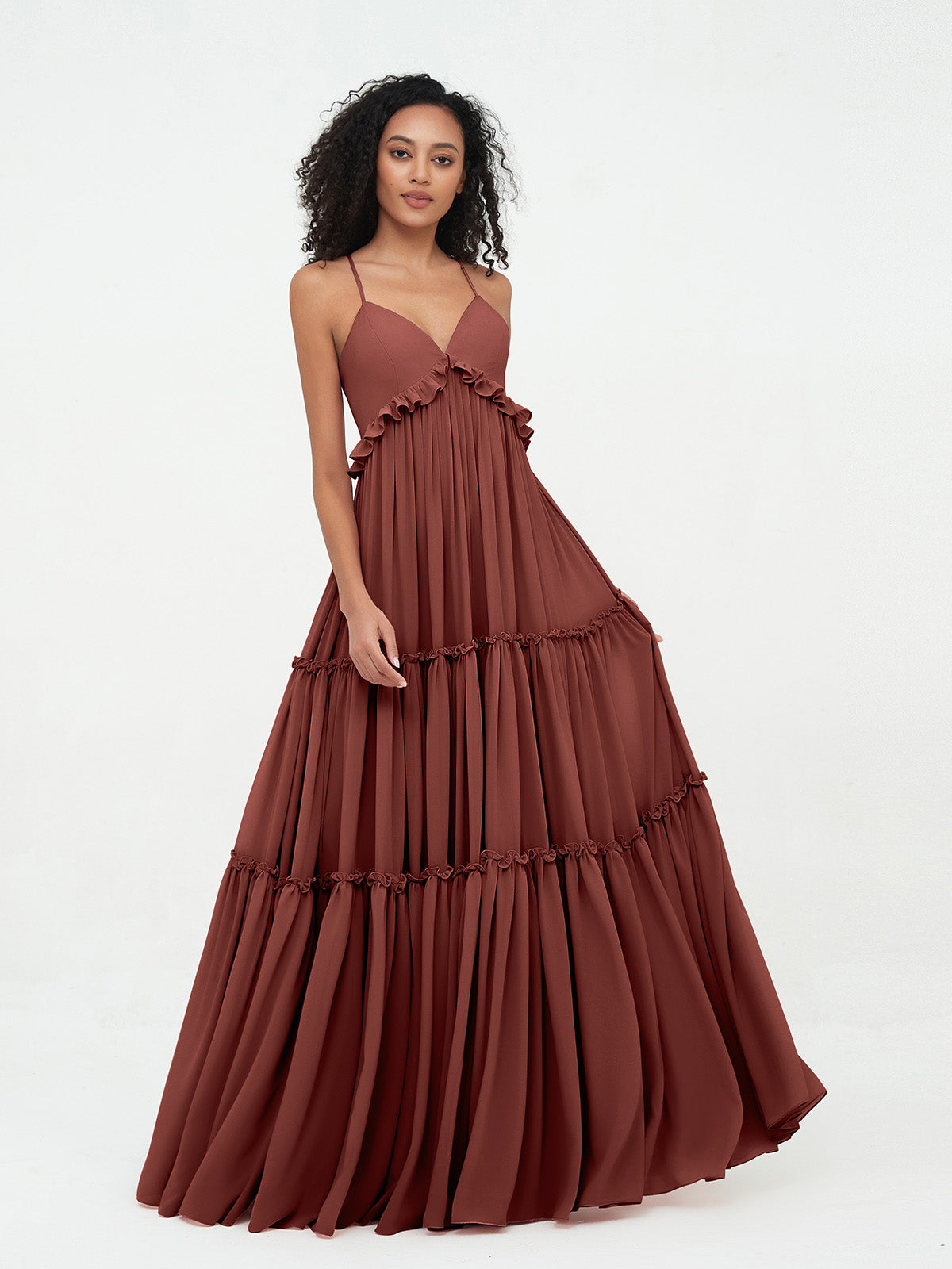 Vestidos máximos bohemios de chiffon con falda escalonada estilo Empire Terracota