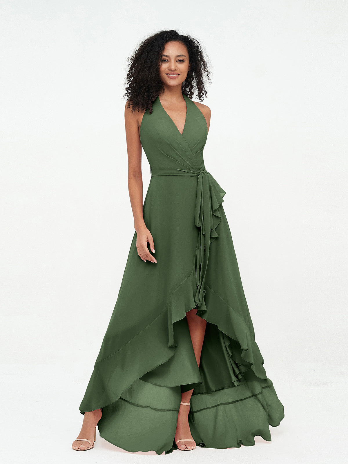 Vestidos asimétricos de chiffon con cuello halter y escote en V profundo Verde Oliva