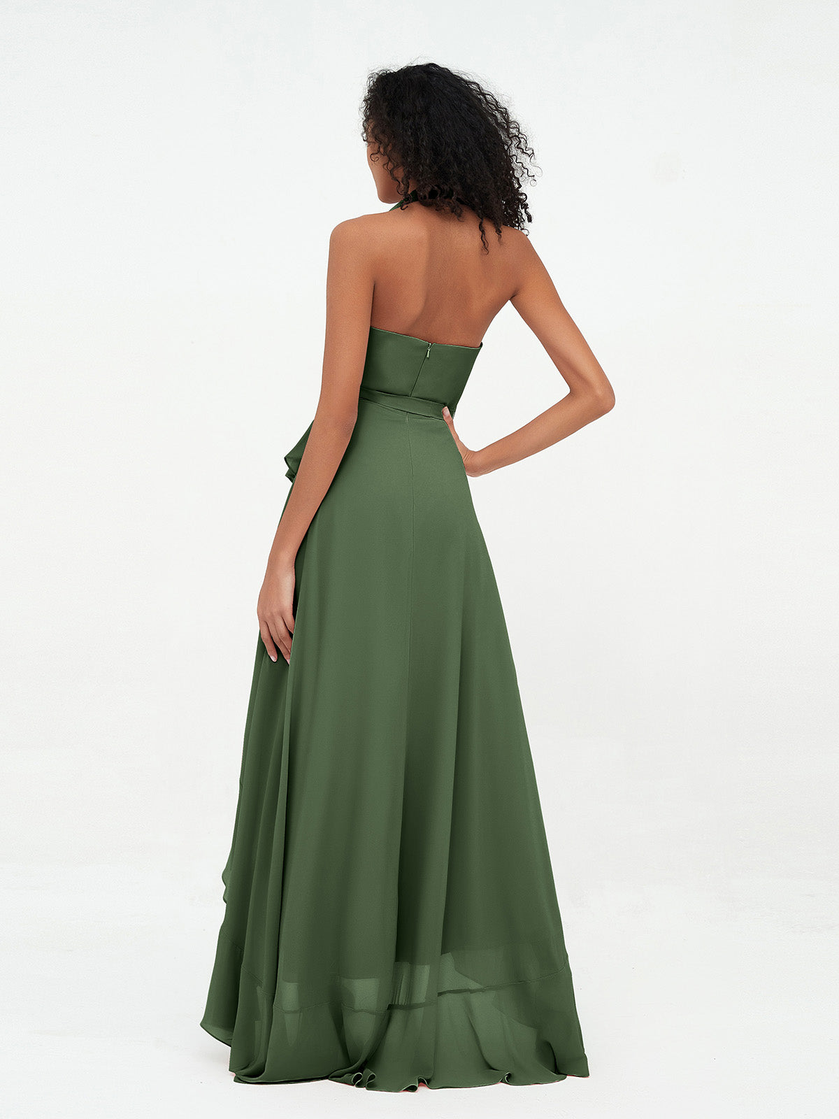 Vestidos asimétricos de chiffon con cuello halter y escote en V profundo Verde Oliva Tallas Grandes