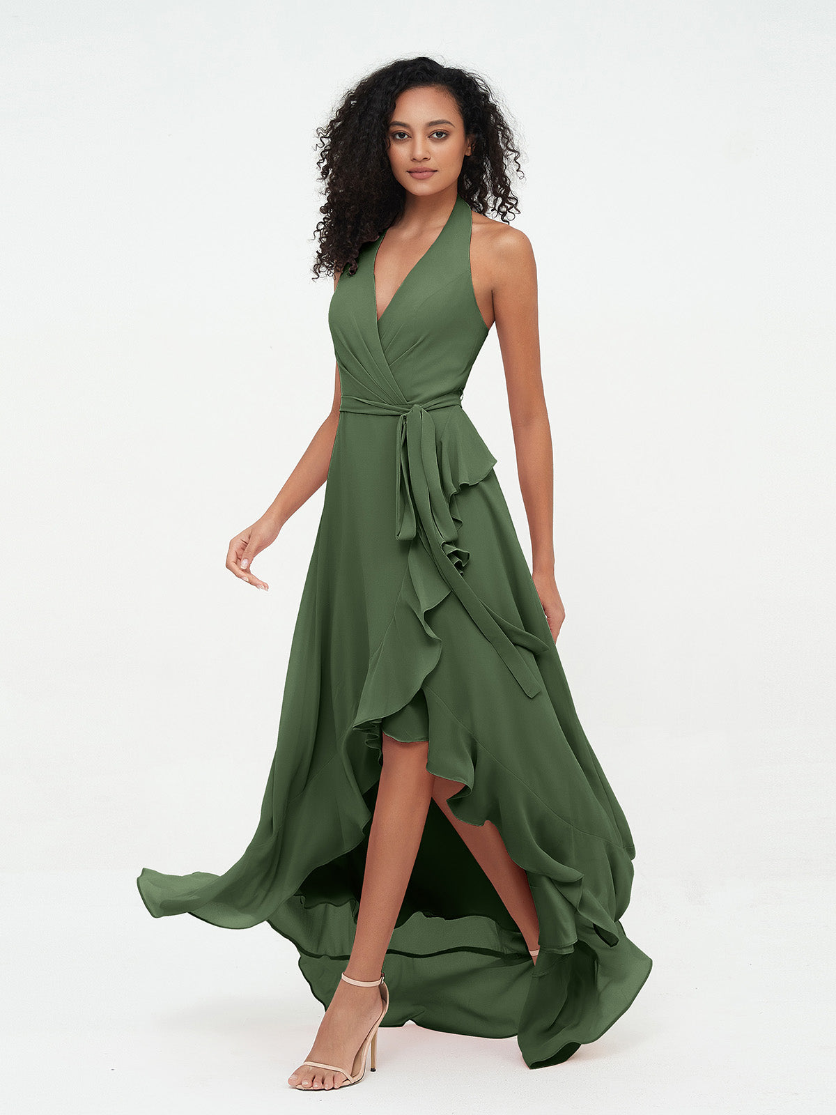 Vestidos asimétricos de chiffon con cuello halter y escote en V profundo Verde Oliva Tallas Grandes