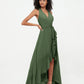 Vestidos asimétricos de chiffon con cuello halter y escote en V profundo Verde Oliva Tallas Grandes