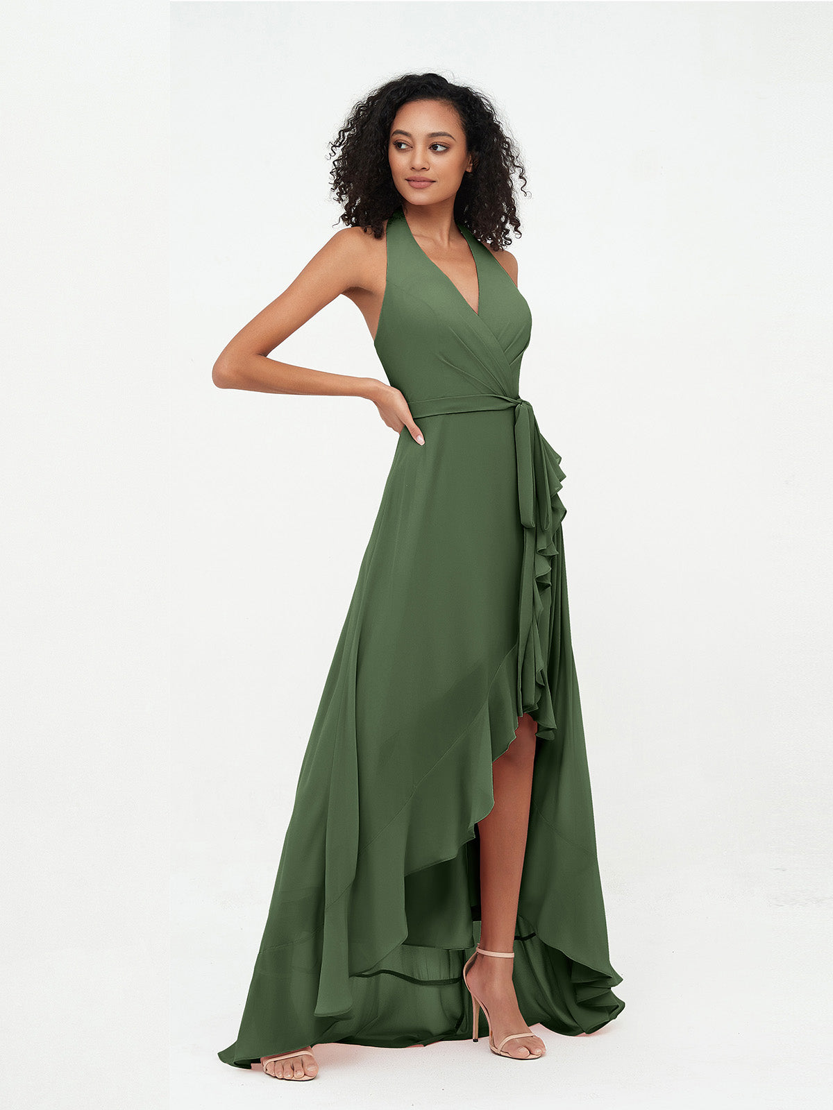 Vestidos asimétricos de chiffon con cuello halter y escote en V profundo Verde Oliva Tallas Grandes