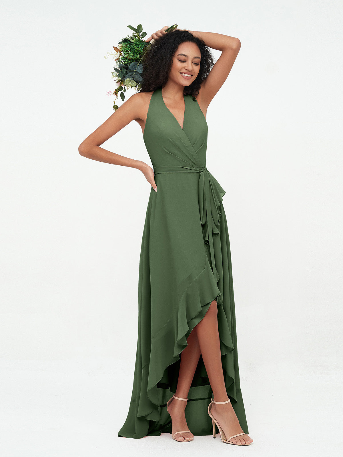 Vestidos asimétricos de chiffon con cuello halter y escote en V profundo Verde Oliva Tallas Grandes