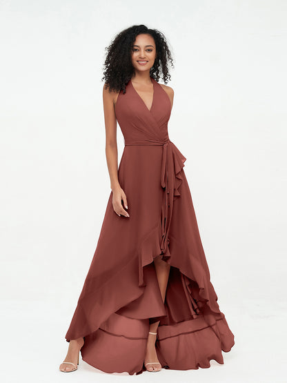 Vestidos asimétricos de chiffon con cuello halter y escote en V profundo Terracota