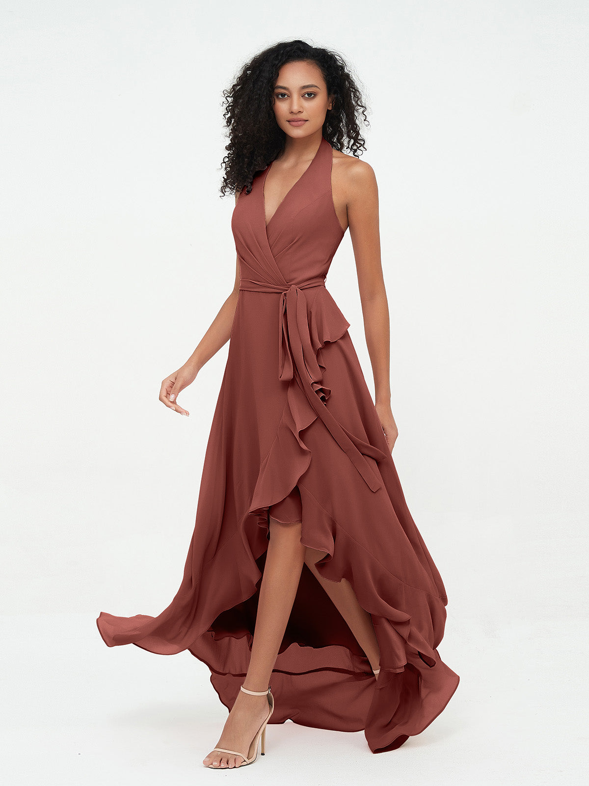 Vestidos asimétricos de chiffon con cuello halter y escote en V profundo Terracota