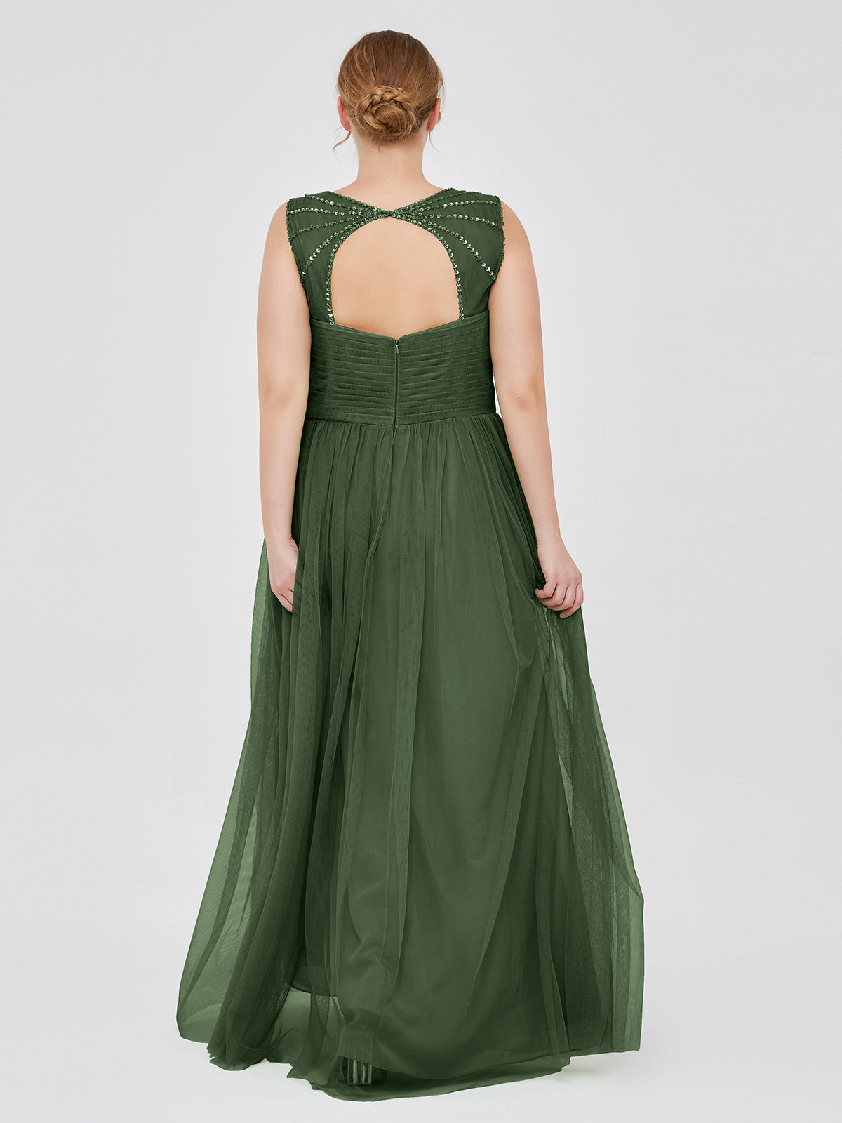 Vestidos largos de tul cruzado plisado con tirantes decorados con cuentas Verde Oliva Tallas Grandes