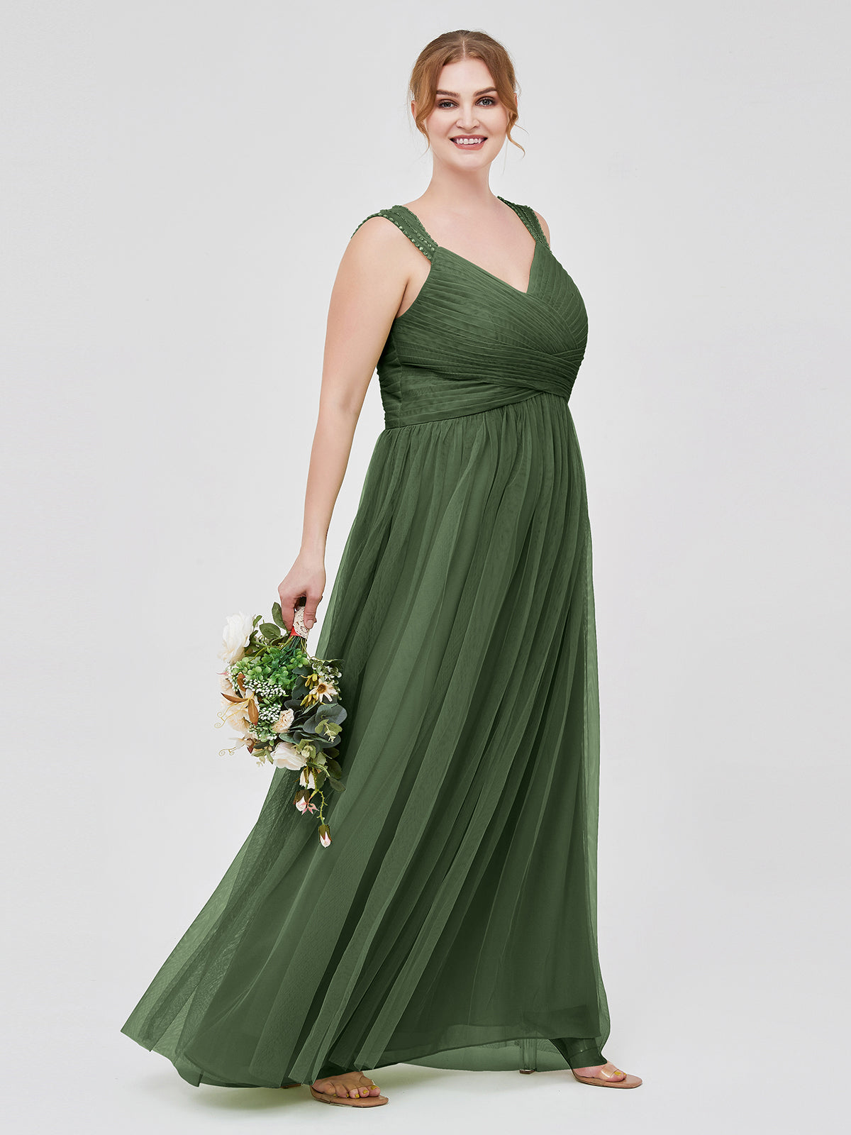 Vestidos largos de tul cruzado plisado con tirantes decorados con cuentas Verde Oliva Tallas Grandes