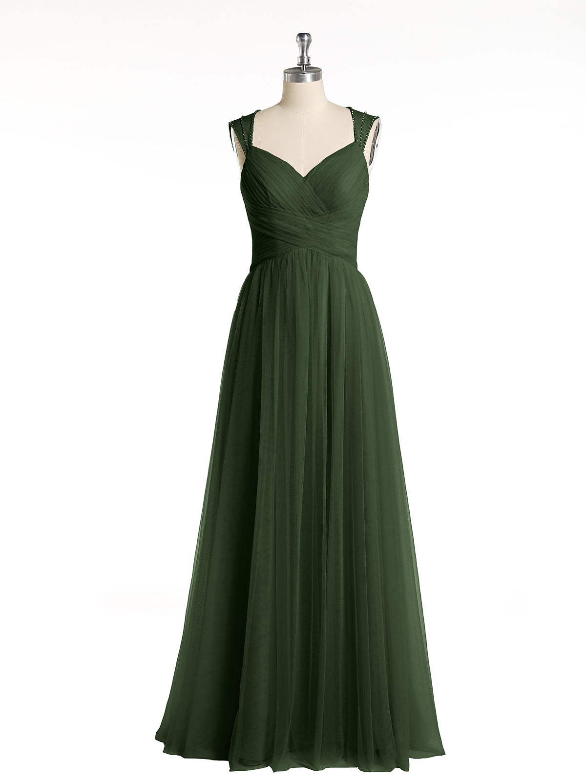 Vestidos largos de tul cruzado plisado con tirantes decorados con cuentas Verde Oliva Tallas Grandes