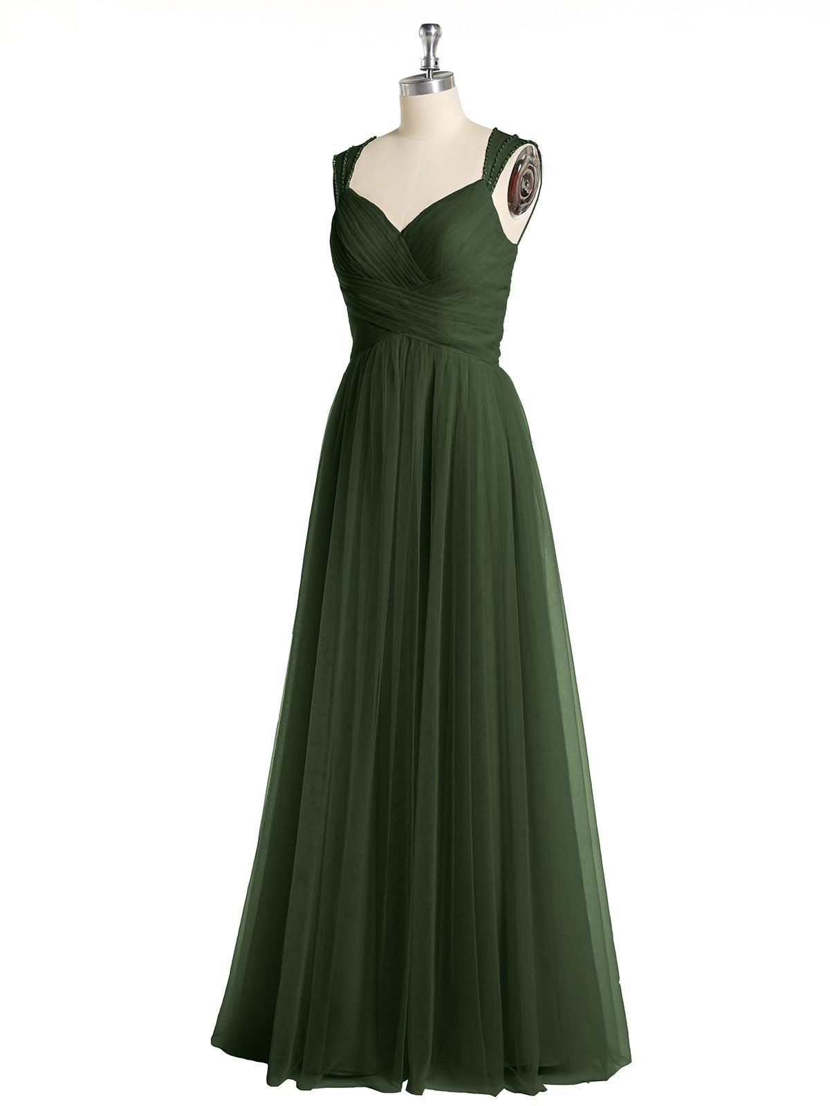 Vestidos largos de tul cruzado plisado con tirantes decorados con cuentas Verde Oliva Tallas Grandes