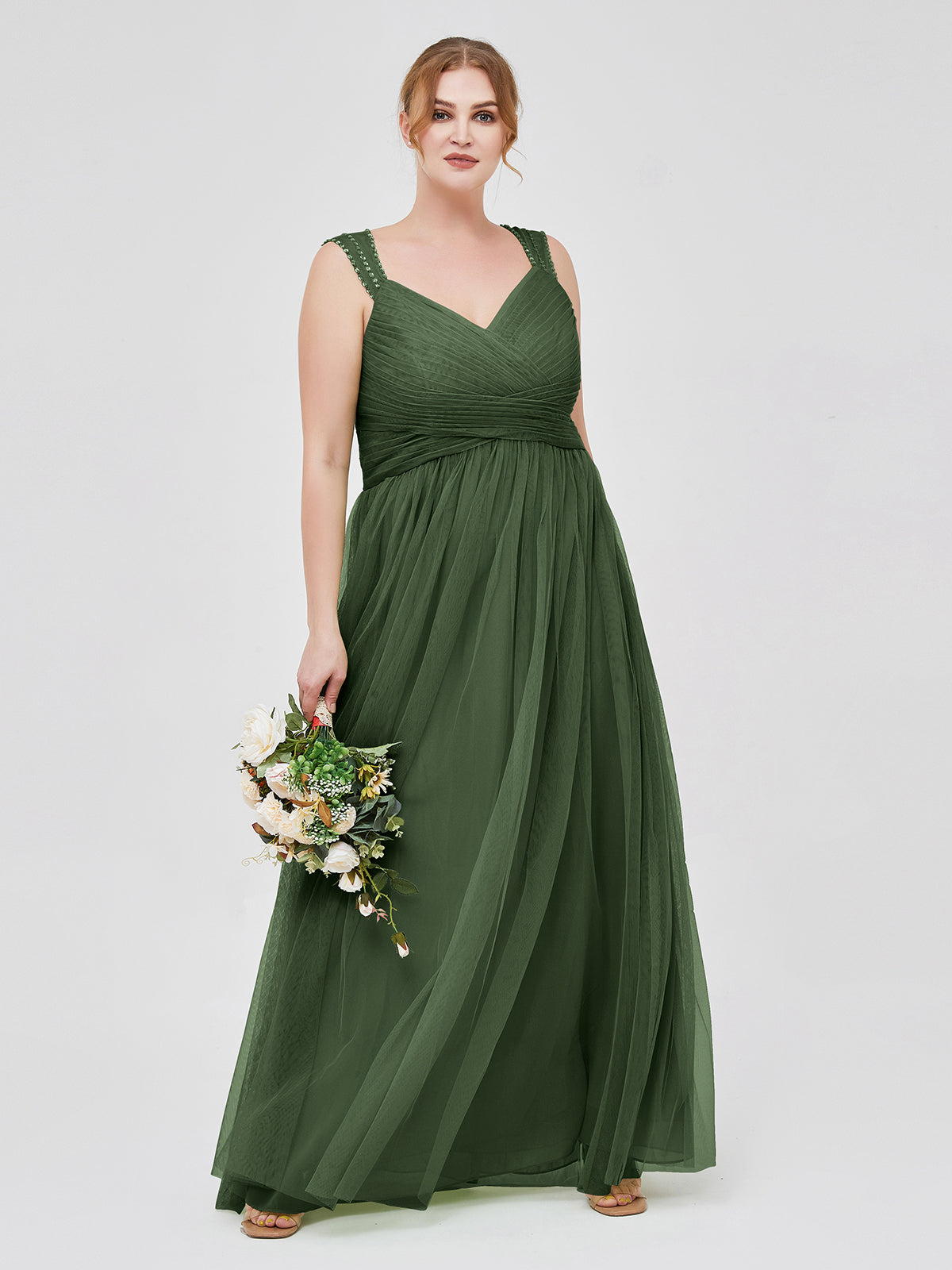 Vestidos largos de tul cruzado plisado con tirantes decorados con cuentas Verde Oliva Tallas Grandes