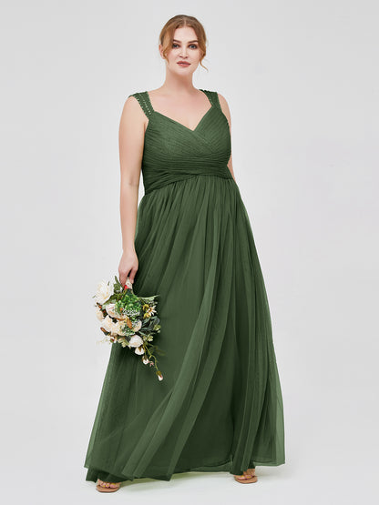 Vestidos largos de tul cruzado plisado con tirantes decorados con cuentas Verde Oliva Tallas Grandes