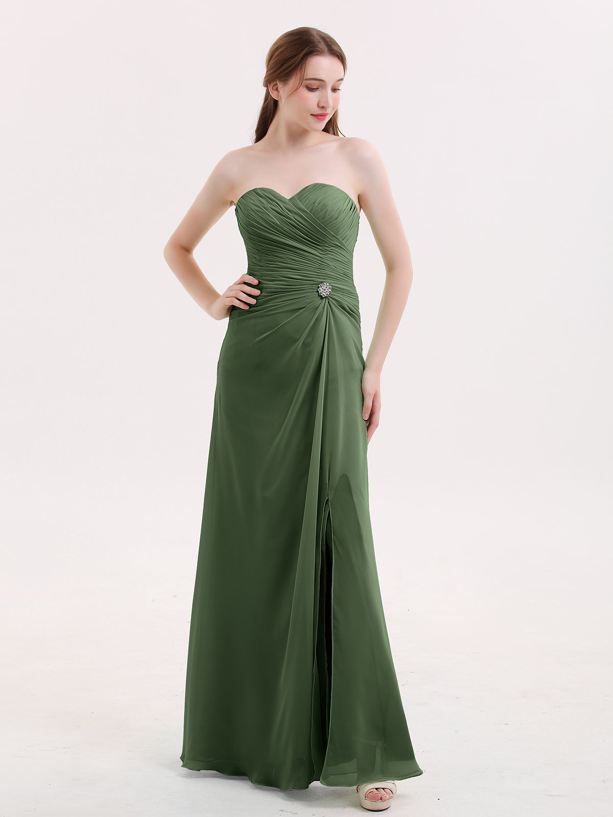 Verna Sin Tirante Novio Vestido Con Apertura Verde Oliva Tallas Grandes