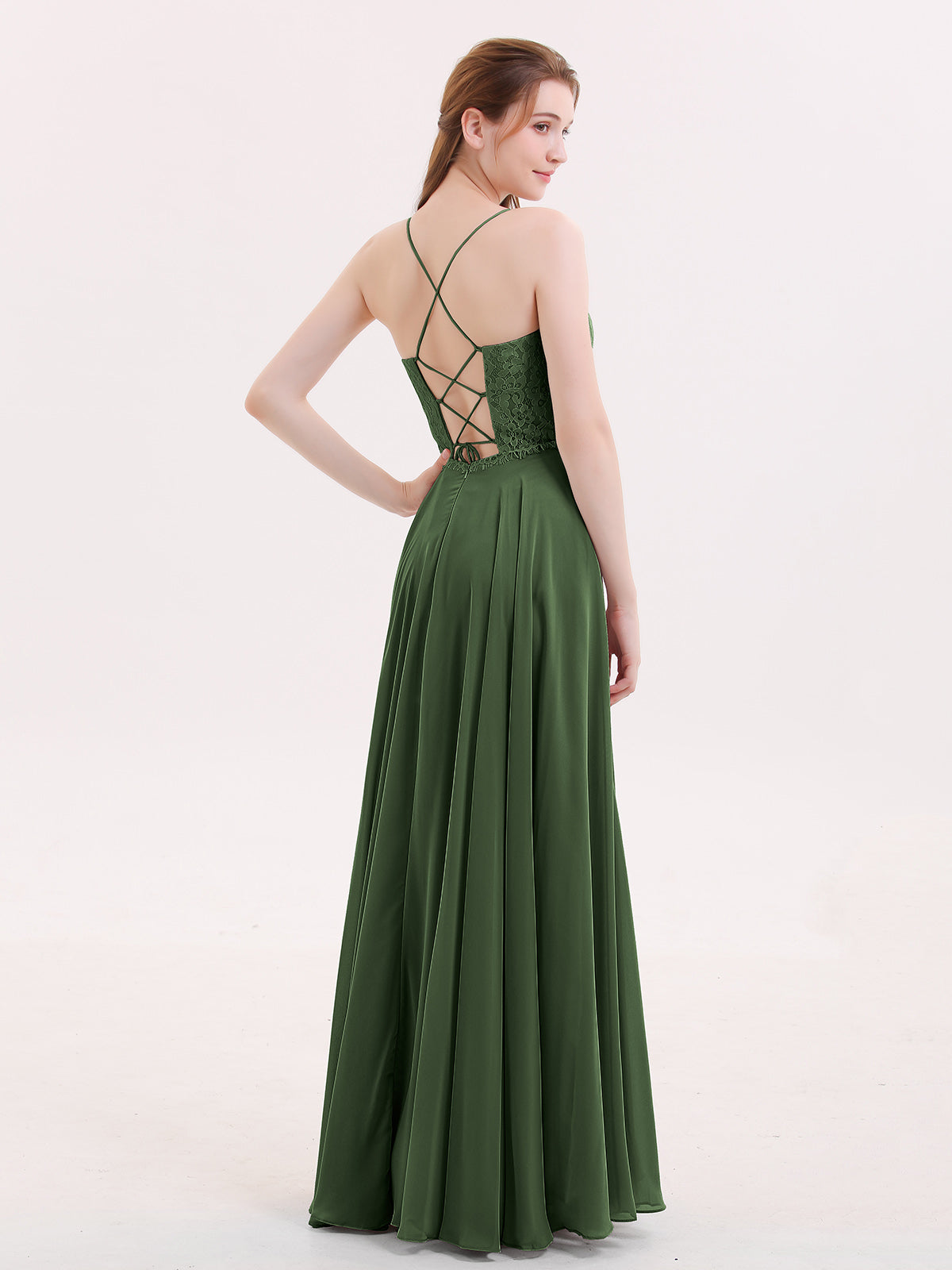 Veronica Tirante Espagueti Encaje Vestido Con Espalda Corse Verde Oliva Tallas Grandes