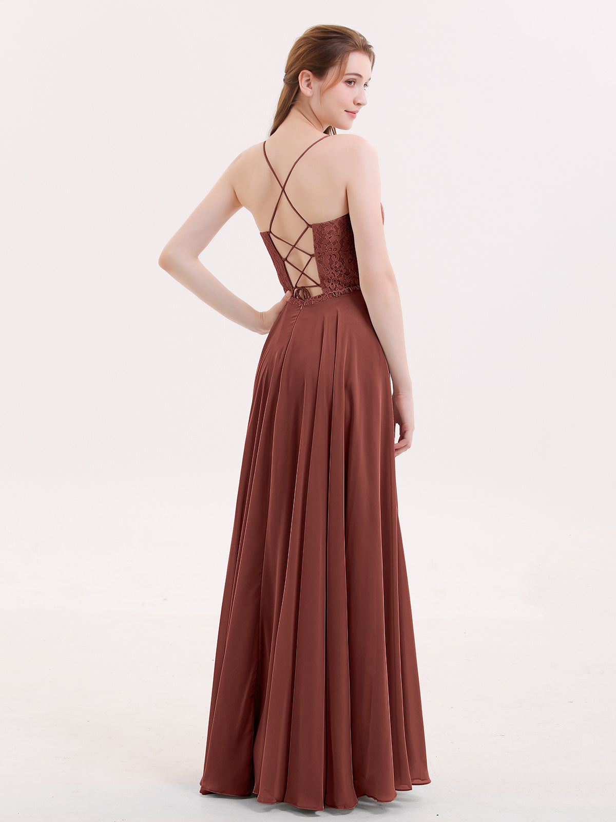 Veronica Tirante Espagueti Encaje Vestido Con Espalda Corse Terracota