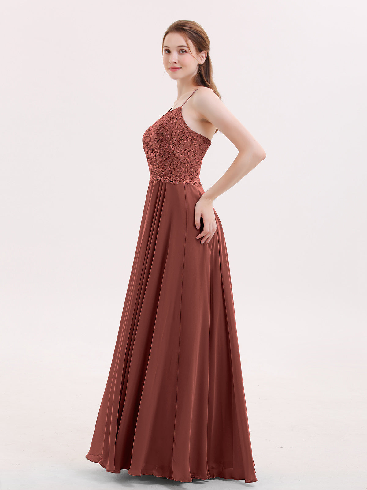 Veronica Tirante Espagueti Encaje Vestido Con Espalda Corse Terracota